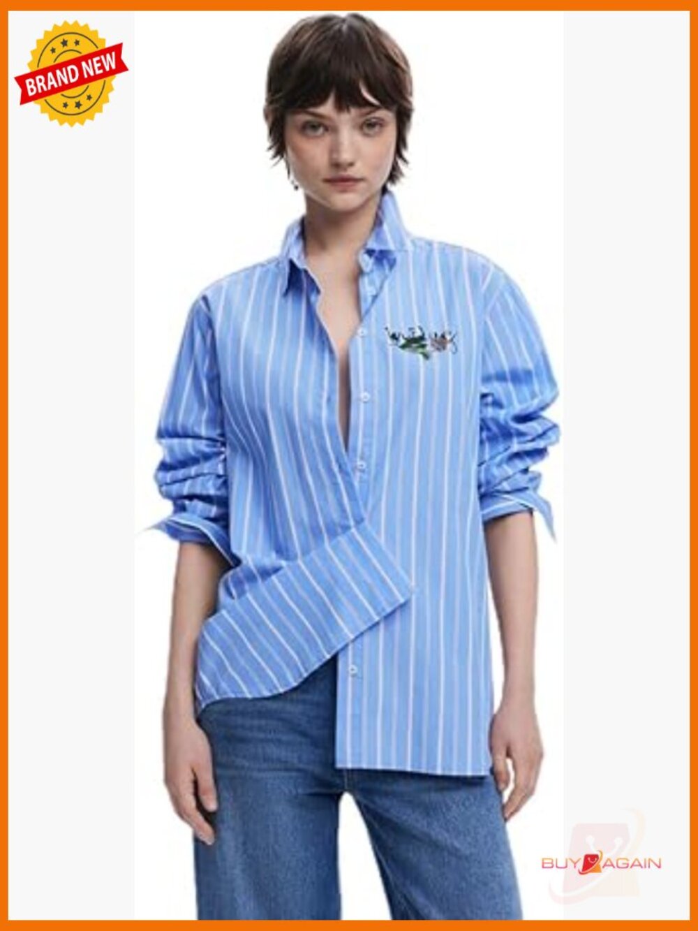 Striped Floral Print Button-Down Shirt - Long Sleeve Cotton